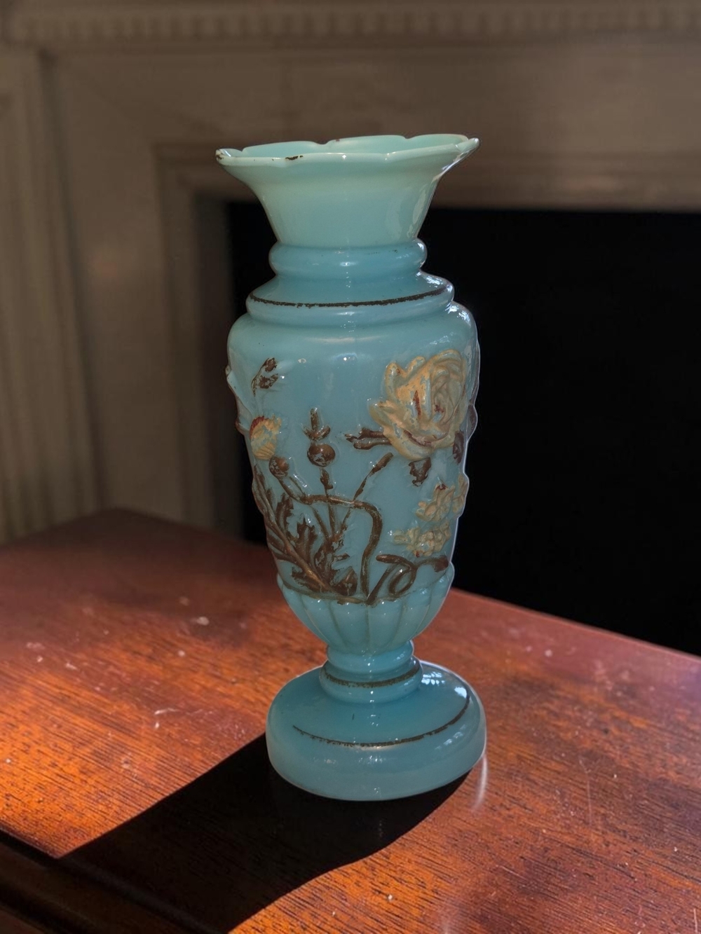 Vintage Blue Opaline Pressed Glass Floral Vase Gold Trim Mid-Century 8.5" Tall